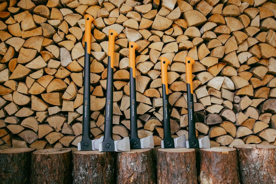 Collection of axes and chopped wood